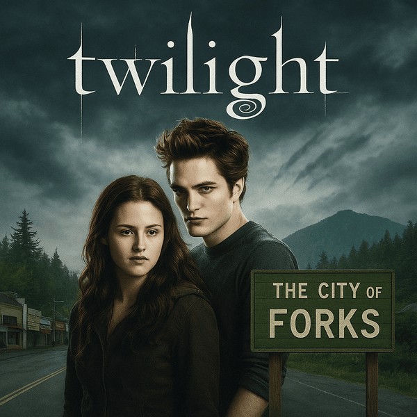 A small logo depicting the news story FORKS GETS ITS GLOW BACK AS “TWILIGHT” HITS BIG SCREENS AGAIN